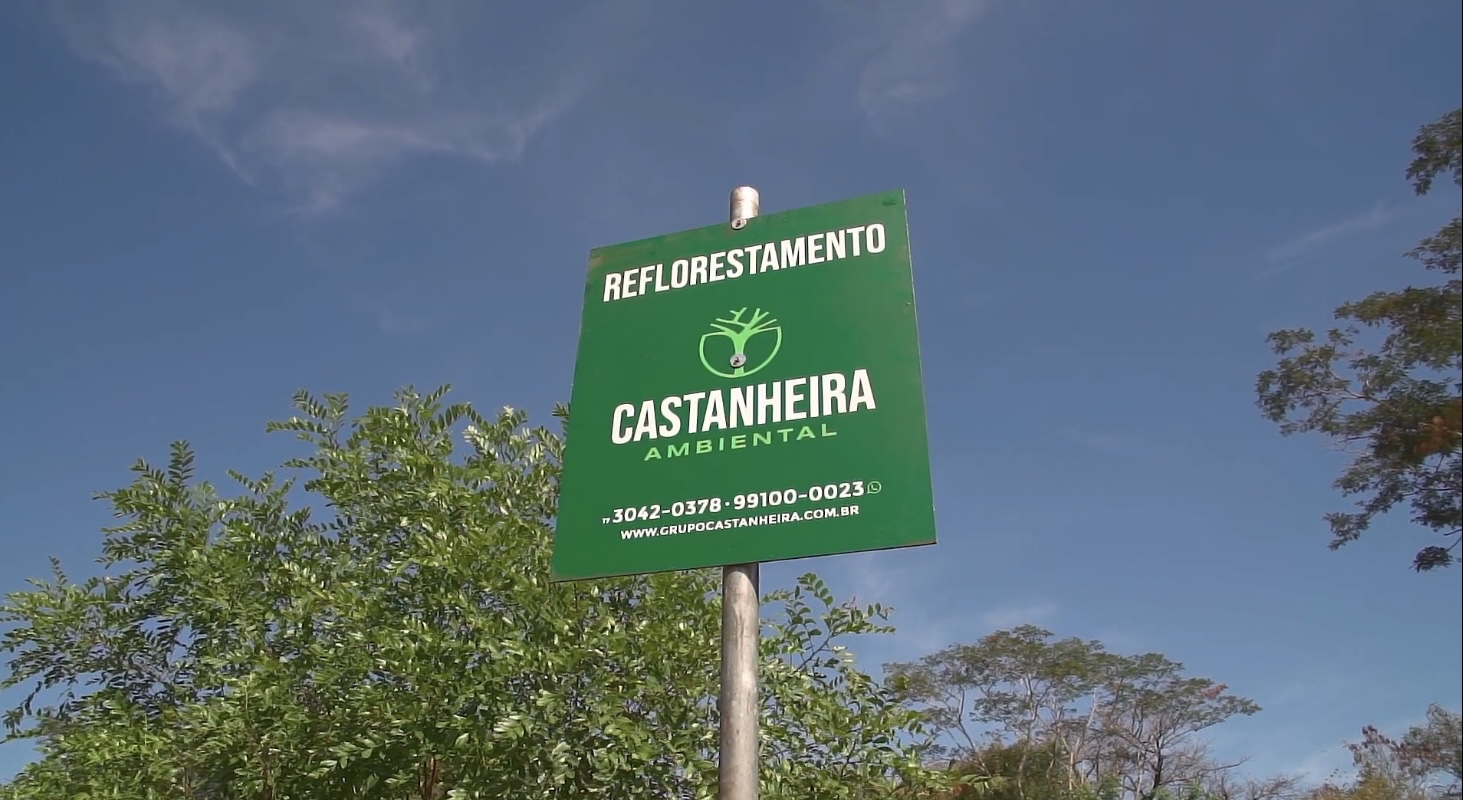Placa de reflorestamento da Castanheira Ambiental na propriedade em Indiaporã/SP